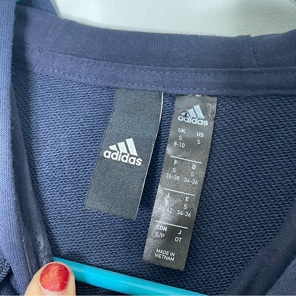ADIDAS Navy and White Cropped Three Stripe Life Hooded Sweatshirt Size Small - Picture 6 of 10